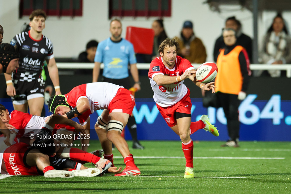 Yann Lesgourgues, lors du match de Pro D2 entre le Biarritz olympique et Valence Romans, le 5 décembre 2025 au stade Aguiléra de Biarritz, France (Photo Pablo ORDAS)