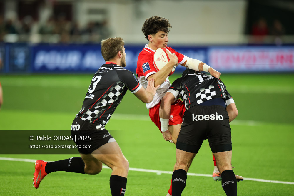 Baptiste Fariscot, lors du match de Pro D2 entre le Biarritz olympique et Valence Romans, le 5 décembre 2025 au stade Aguiléra de Biarritz, France (Photo Pablo ORDAS)
