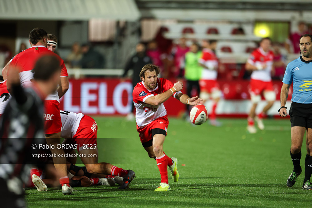 Yann Lesgourgues, lors du match de Pro D2 entre le Biarritz olympique et Valence Romans, le 5 décembre 2025 au stade Aguiléra de Biarritz, France (Photo Pablo ORDAS)