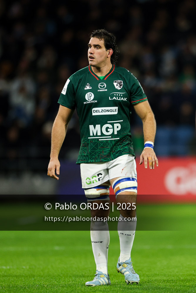 Lucas Paulos, lors du match de Champions Cup entre l'Aviron bayonnais et les Stormers, le 5 décembre 2025 au stade Jean Dauger de Bayonne, France (Photo Pablo ORDAS)