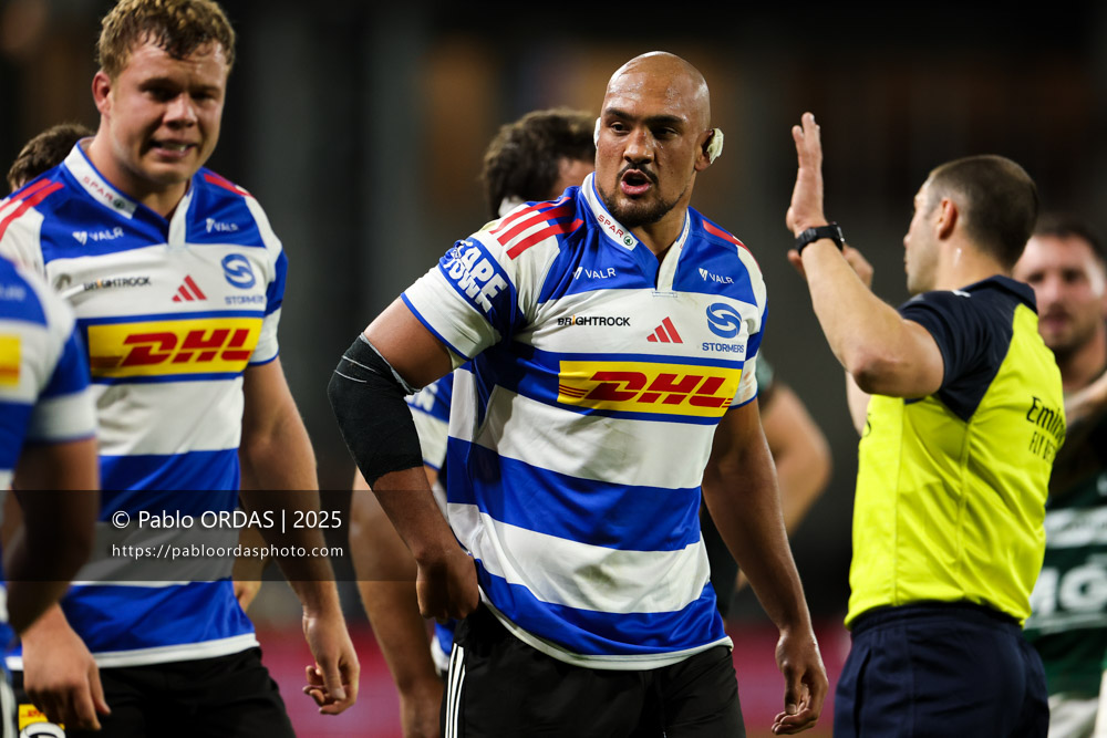 Salmaan Moerat, lors du match de Champions Cup entre l'Aviron bayonnais et les Stormers, le 5 décembre 2025 au stade Jean Dauger de Bayonne, France (Photo Pablo ORDAS)