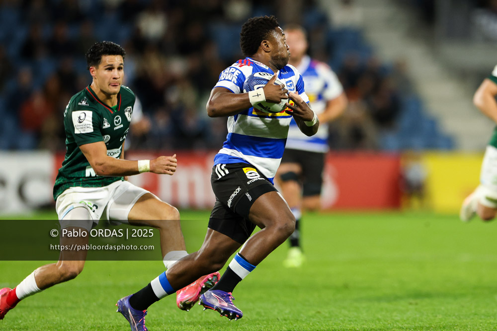 Wandisile Simelane, lors du match de Champions Cup entre l'Aviron bayonnais et les Stormers, le 5 décembre 2025 au stade Jean Dauger de Bayonne, France (Photo Pablo ORDAS)