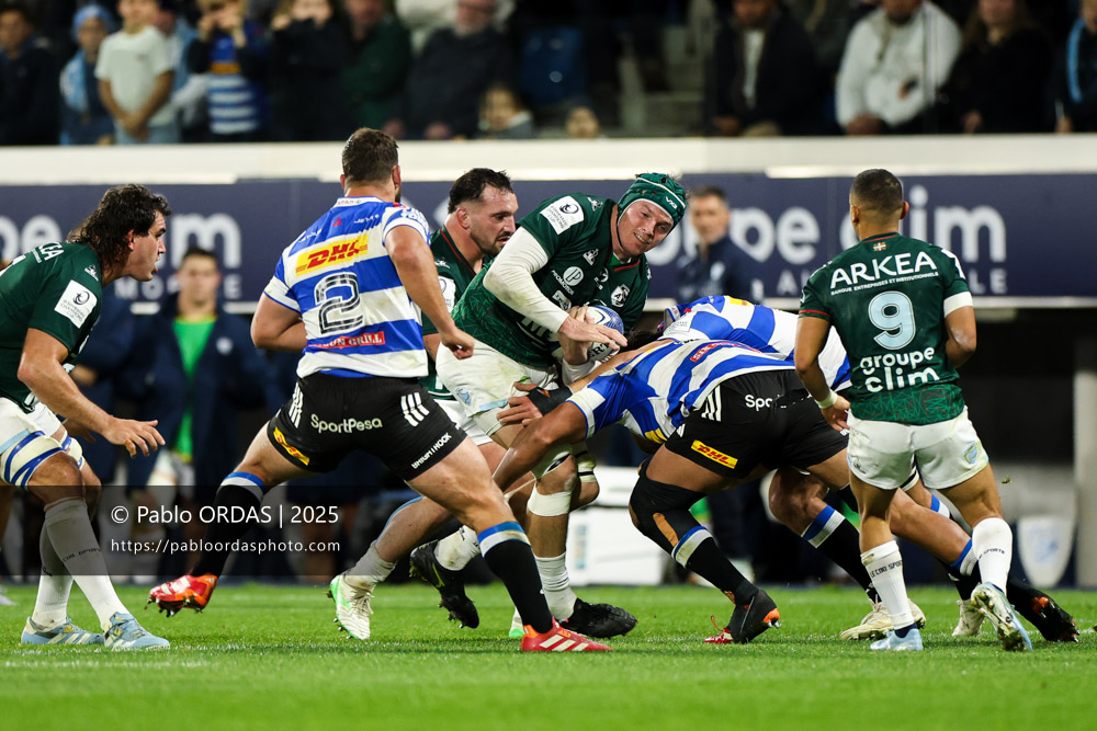Arthur Iturria, lors du match de Champions Cup entre l'Aviron bayonnais et les Stormers, le 5 décembre 2025 au stade Jean Dauger de Bayonne, France (Photo Pablo ORDAS)
