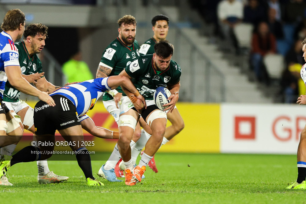 Nika Lomidze, lors du match de Champions Cup entre l'Aviron bayonnais et les Stormers, le 5 décembre 2025 au stade Jean Dauger de Bayonne, France (Photo Pablo ORDAS)