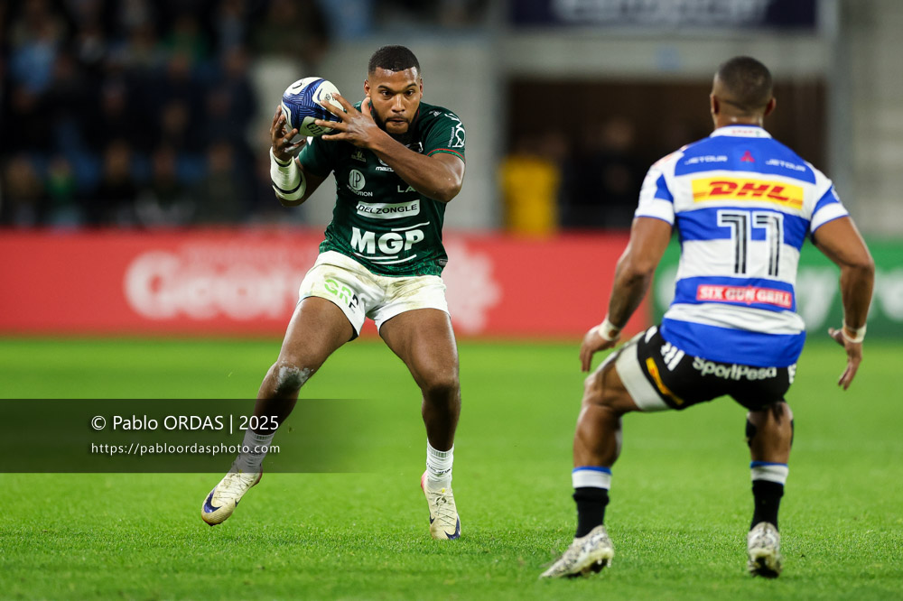Cheikh Tibeghien, lors du match de Champions Cup entre l'Aviron bayonnais et les Stormers, le 5 décembre 2025 au stade Jean Dauger de Bayonne, France (Photo Pablo ORDAS)