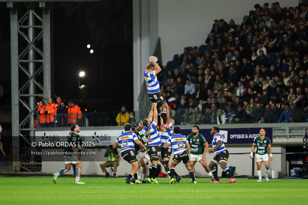Connor Evans, lors du match de Champions Cup entre l'Aviron bayonnais et les Stormers, le 5 décembre 2025 au stade Jean Dauger de Bayonne, France (Photo Pablo ORDAS)