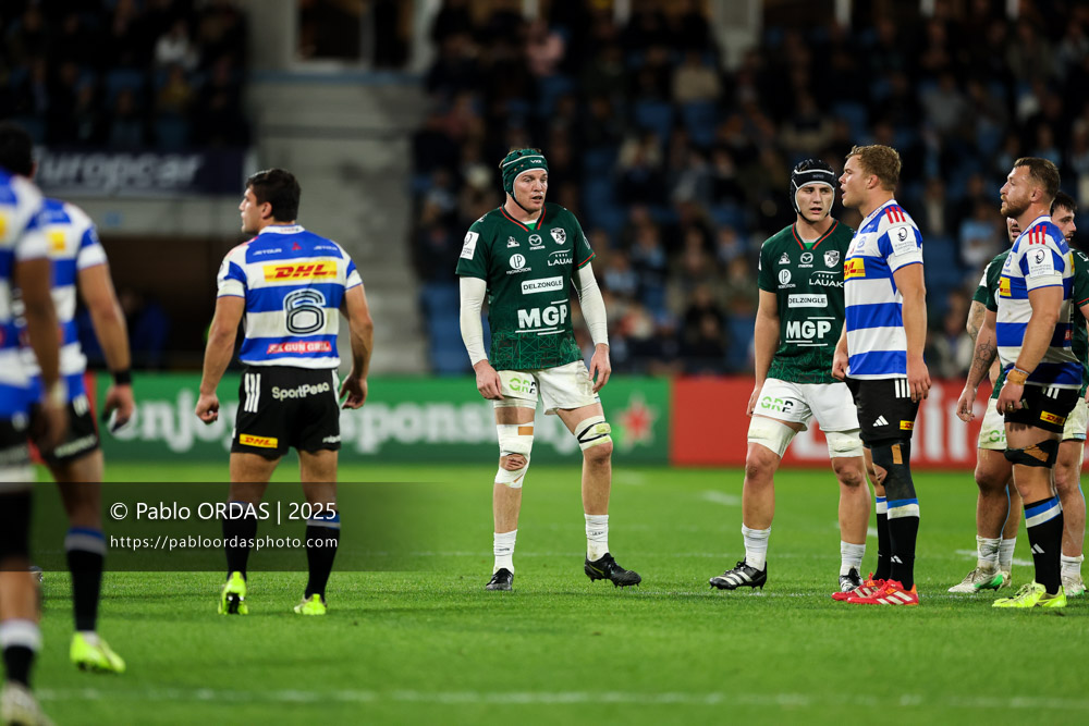 Arthur Iturria, lors du match de Champions Cup entre l'Aviron bayonnais et les Stormers, le 5 décembre 2025 au stade Jean Dauger de Bayonne, France (Photo Pablo ORDAS)