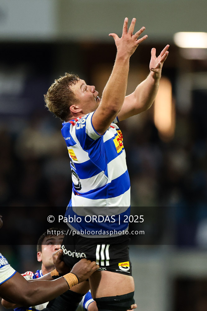 Connor Evans, lors du match de Champions Cup entre l'Aviron bayonnais et les Stormers, le 5 décembre 2025 au stade Jean Dauger de Bayonne, France (Photo Pablo ORDAS)