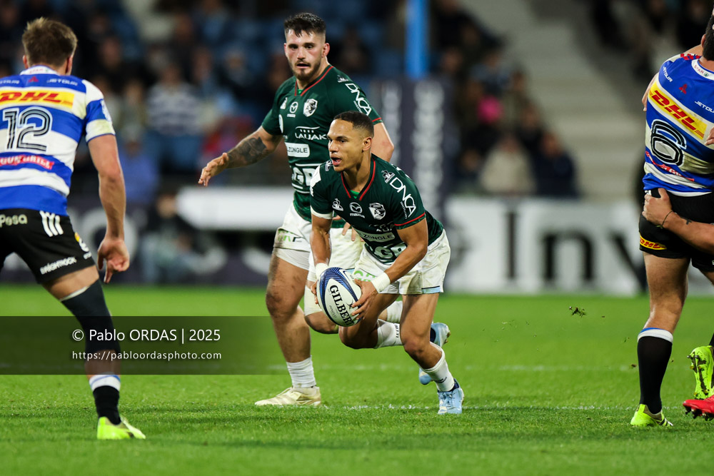Herschel Jantjies, lors du match de Champions Cup entre l'Aviron bayonnais et les Stormers, le 5 décembre 2025 au stade Jean Dauger de Bayonne, France (Photo Pablo ORDAS)