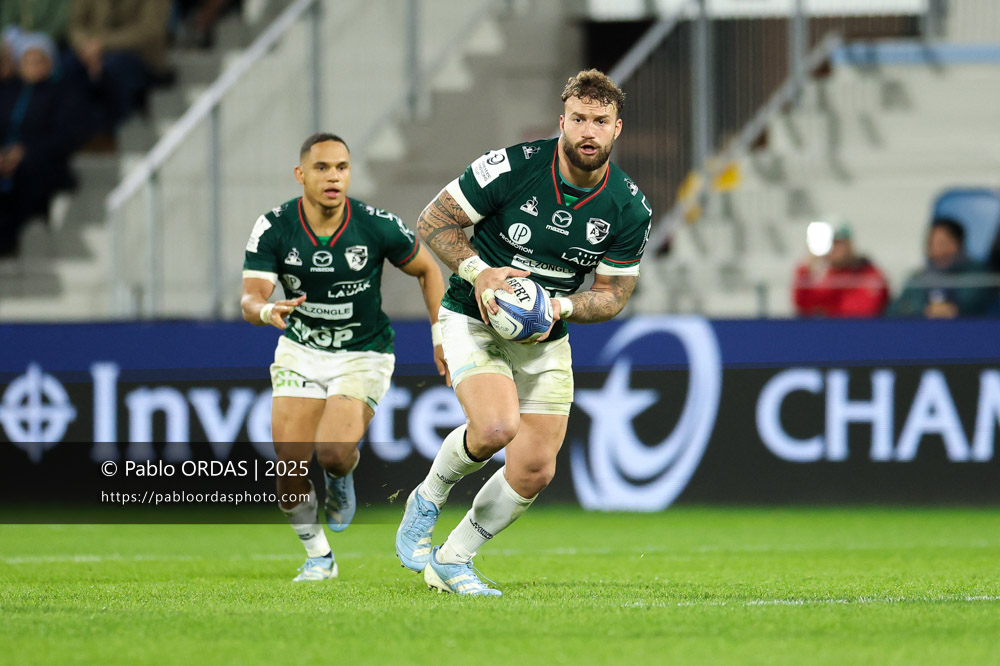 Federico Mori, lors du match de Champions Cup entre l'Aviron bayonnais et les Stormers, le 5 décembre 2025 au stade Jean Dauger de Bayonne, France (Photo Pablo ORDAS)