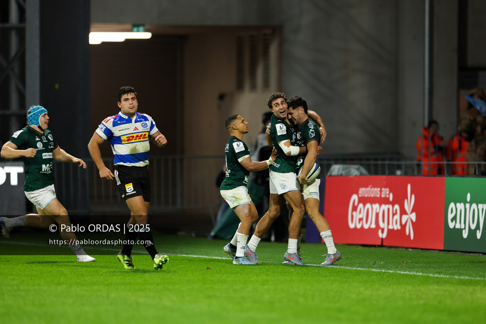 Victor Hannoun, Yohan Orabé, lors du match de Champions Cup entre l'Aviron bayonnais et les Stormers, le 5 décembre 2025 au stade Jean Dauger de Bayonne, France (Photo Pablo ORDAS)