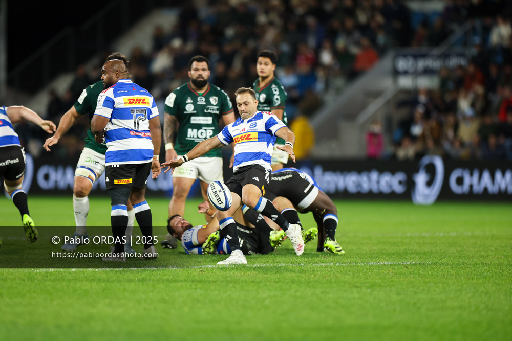 Devaldt Duvenage, lors du match de Champions Cup entre l'Aviron bayonnais et les Stormers, le 5 décembre 2025 au stade Jean Dauger de Bayonne, France (Photo Pablo ORDAS)