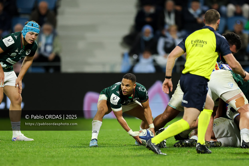 Herschel Jantjies, lors du match de Champions Cup entre l'Aviron bayonnais et les Stormers, le 5 décembre 2025 au stade Jean Dauger de Bayonne, France (Photo Pablo ORDAS)