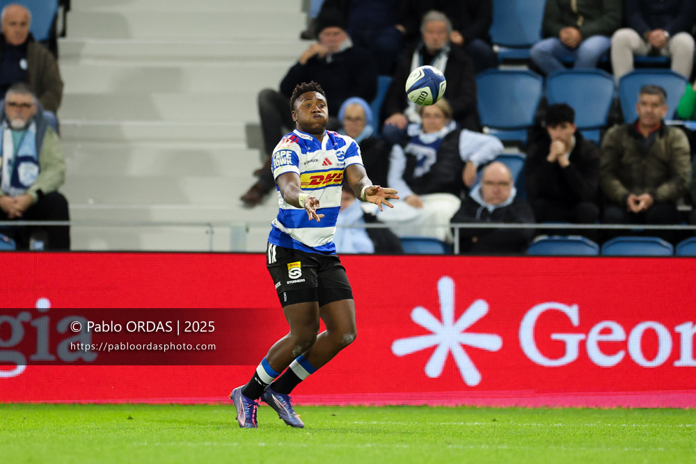 Wandisile Simelane, lors du match de Champions Cup entre l'Aviron bayonnais et les Stormers, le 5 décembre 2025 au stade Jean Dauger de Bayonne, France (Photo Pablo ORDAS)