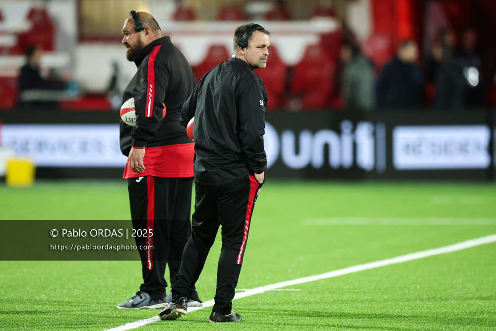 Sébastien Buada, lors du match de Pro D2 entre le Biarritz olympique et Oyonnax, le 19 décembre 2025 au stade Aguiléra de Biarritz, France (Photo Pablo ORDAS)