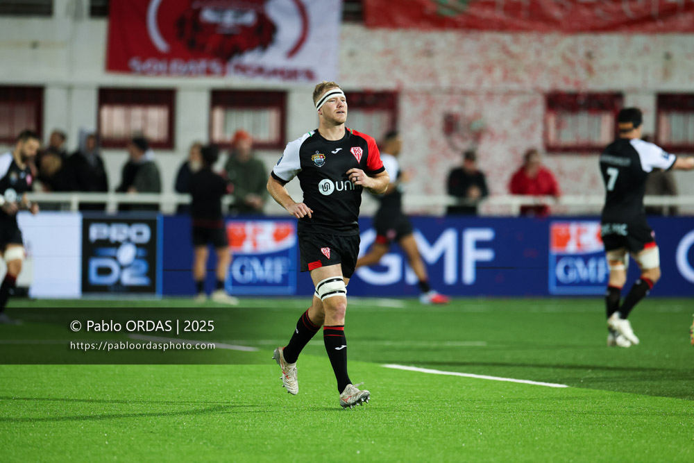 Heath Backhouse, lors du match de Pro D2 entre le Biarritz olympique et Oyonnax, le 19 décembre 2025 au stade Aguiléra de Biarritz, France (Photo Pablo ORDAS)