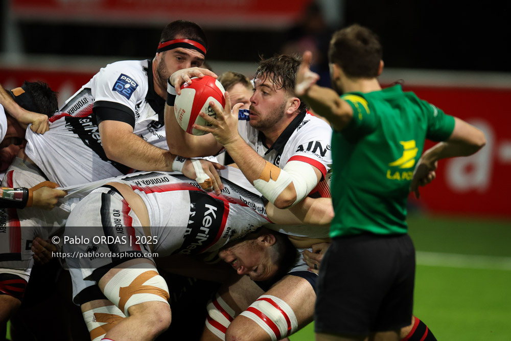 Cyriac Guilly, lors du match de Pro D2 entre le Biarritz olympique et Oyonnax, le 19 décembre 2025 au stade Aguiléra de Biarritz, France (Photo Pablo ORDAS)