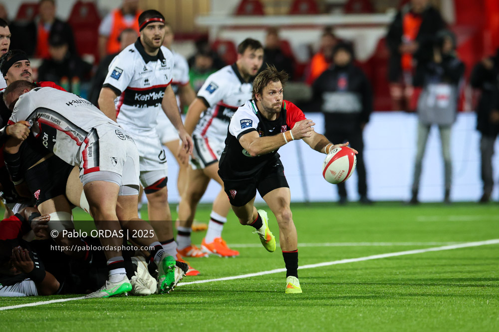 Yann Lesgourgues, lors du match de Pro D2 entre le Biarritz olympique et Oyonnax, le 19 décembre 2025 au stade Aguiléra de Biarritz, France (Photo Pablo ORDAS)