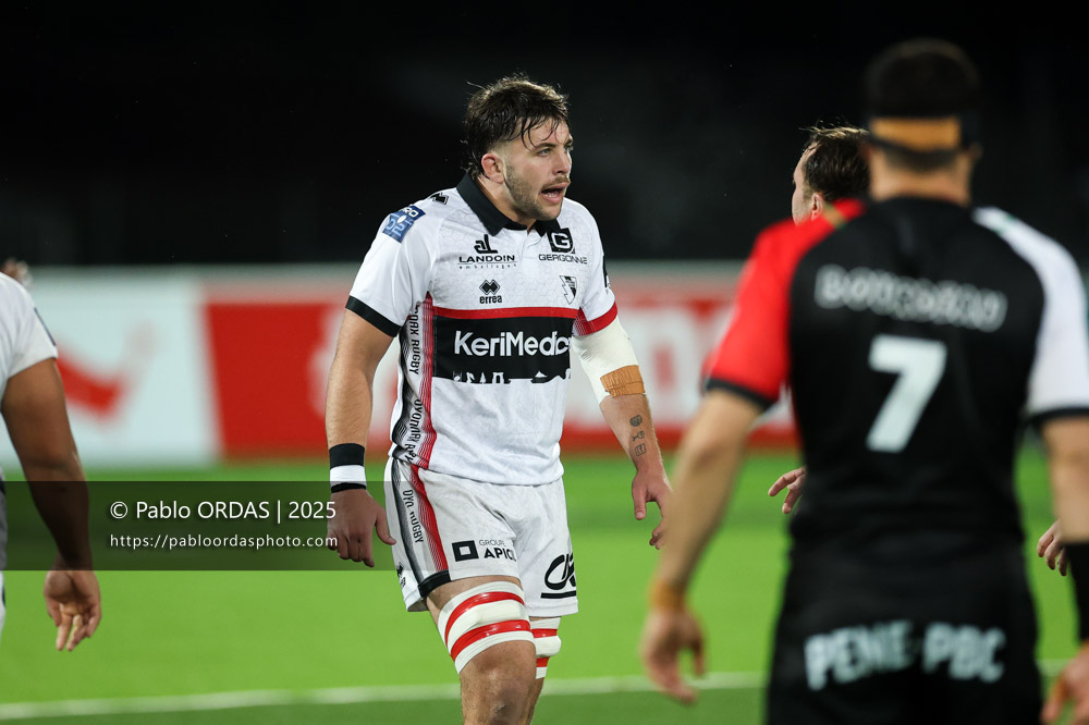 Cyriac Guilly, lors du match de Pro D2 entre le Biarritz olympique et Oyonnax, le 19 décembre 2025 au stade Aguiléra de Biarritz, France (Photo Pablo ORDAS)