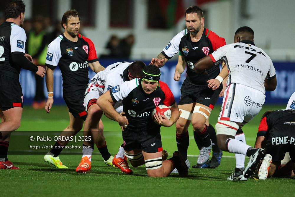 Ekain Imaz Agirre, lors du match de Pro D2 entre le Biarritz olympique et Oyonnax, le 19 décembre 2025 au stade Aguiléra de Biarritz, France (Photo Pablo ORDAS)