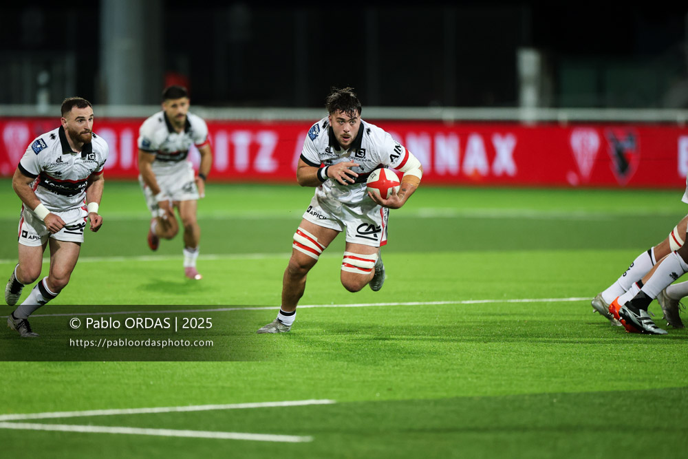 Cyriac Guilly, lors du match de Pro D2 entre le Biarritz olympique et Oyonnax, le 19 décembre 2025 au stade Aguiléra de Biarritz, France (Photo Pablo ORDAS)