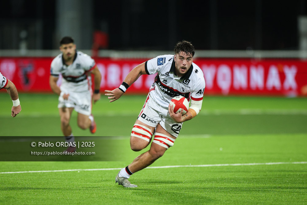 Cyriac Guilly, lors du match de Pro D2 entre le Biarritz olympique et Oyonnax, le 19 décembre 2025 au stade Aguiléra de Biarritz, France (Photo Pablo ORDAS)