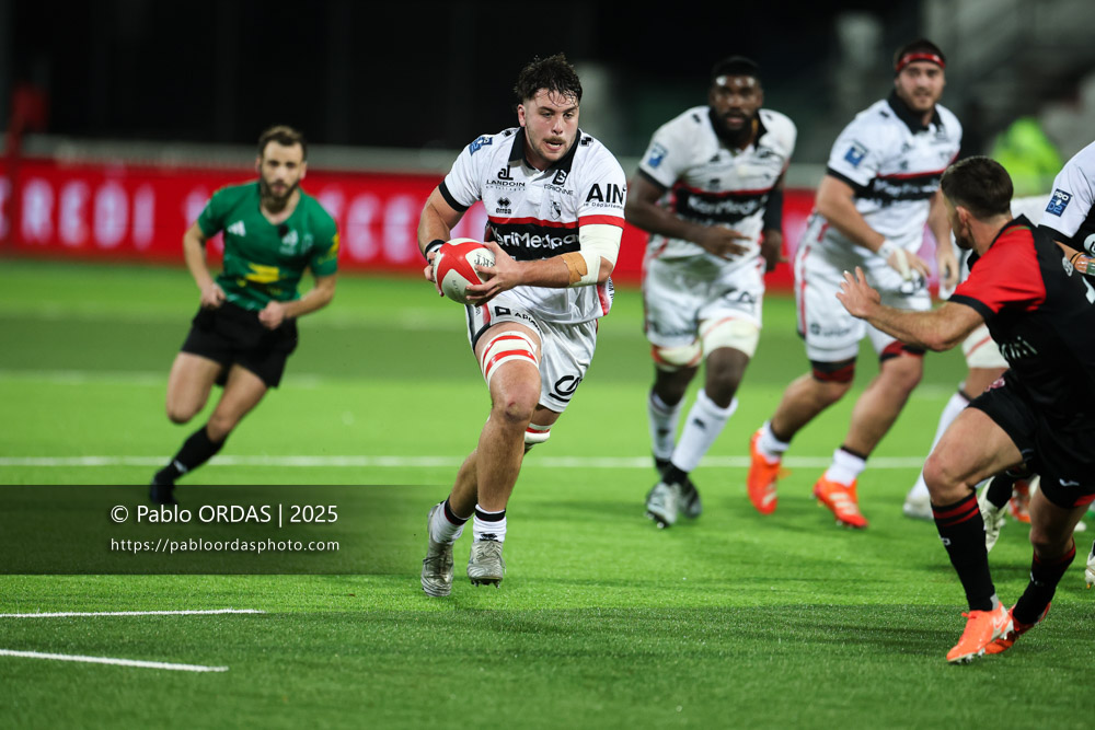 Cyriac Guilly, lors du match de Pro D2 entre le Biarritz olympique et Oyonnax, le 19 décembre 2025 au stade Aguiléra de Biarritz, France (Photo Pablo ORDAS)
