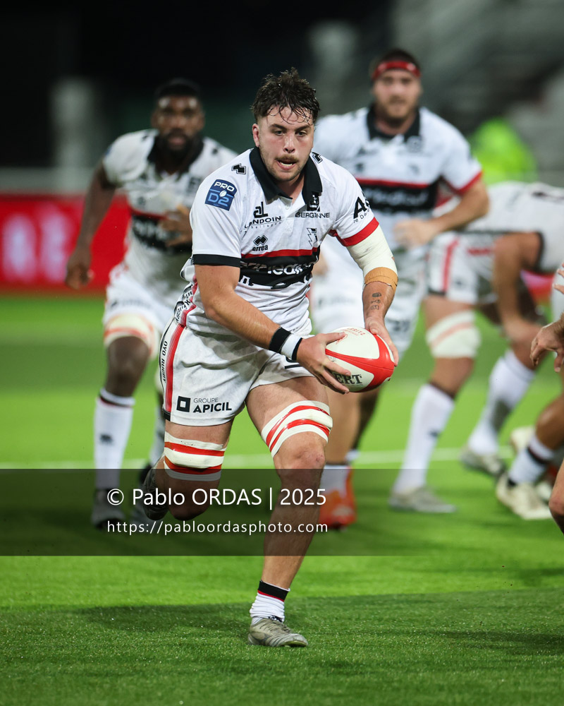 Cyriac Guilly, lors du match de Pro D2 entre le Biarritz olympique et Oyonnax, le 19 décembre 2025 au stade Aguiléra de Biarritz, France (Photo Pablo ORDAS)