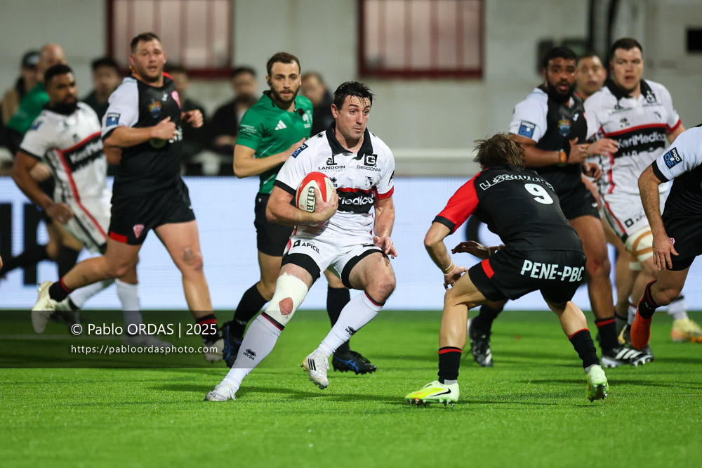 Maxime Salles, lors du match de Pro D2 entre le Biarritz olympique et Oyonnax, le 19 décembre 2025 au stade Aguiléra de Biarritz, France (Photo Pablo ORDAS)