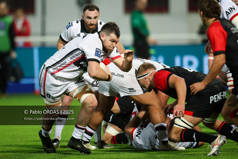Wandrille Picault, lors du match de Pro D2 entre le Biarritz olympique et Oyonnax, le 19 décembre 2025 au stade Aguiléra de Biarritz, France (Photo Pablo ORDAS)