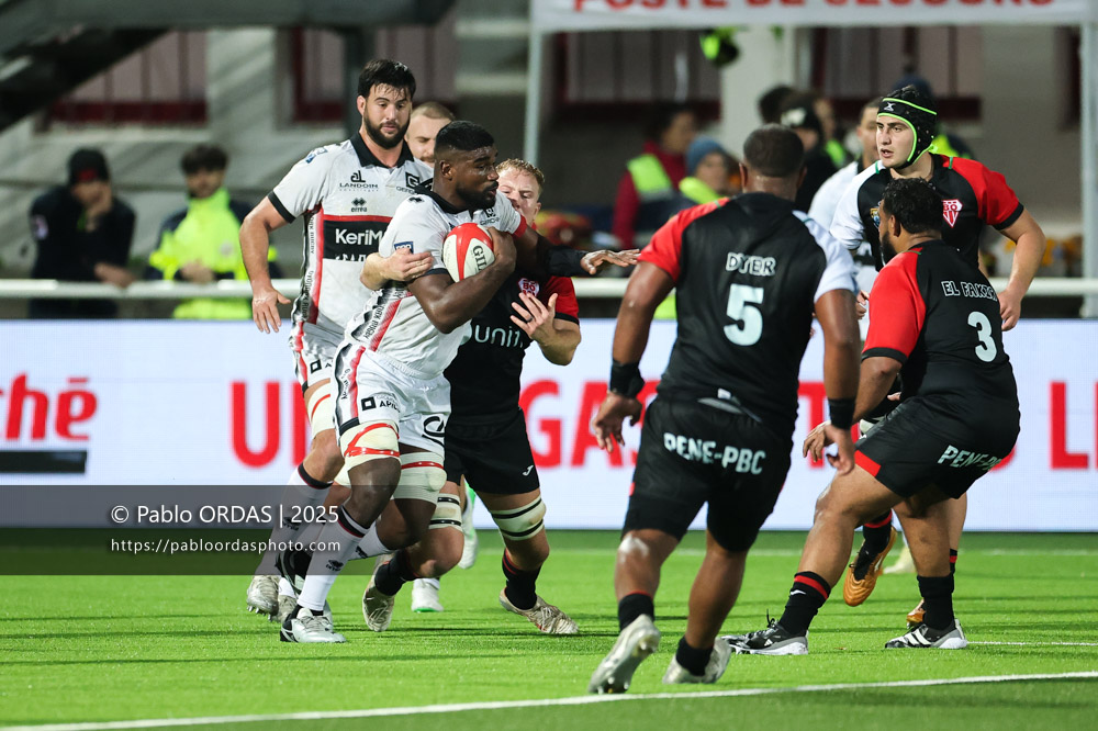 Pierre-Samuel Pacheco, lors du match de Pro D2 entre le Biarritz olympique et Oyonnax, le 19 décembre 2025 au stade Aguiléra de Biarritz, France (Photo Pablo ORDAS)