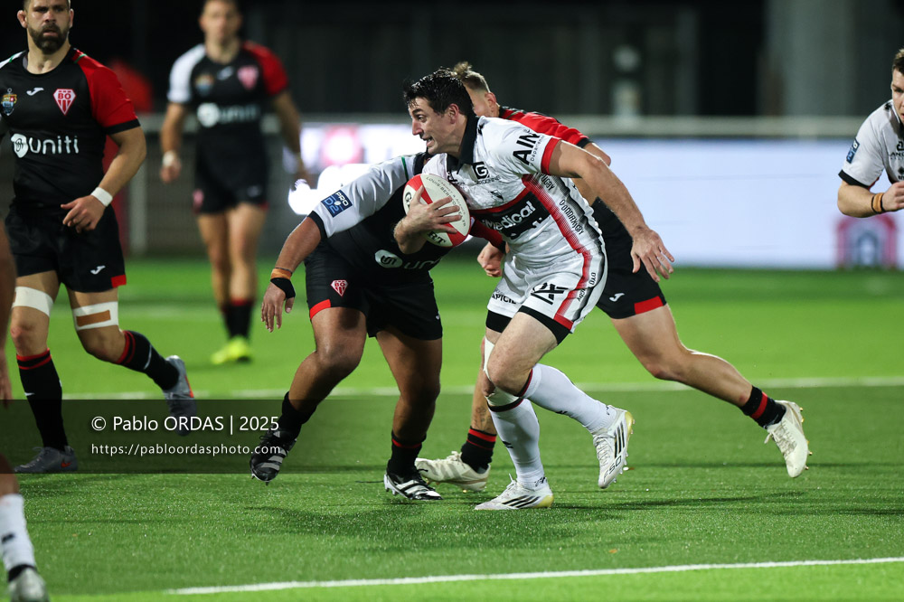 Maxime Salles, lors du match de Pro D2 entre le Biarritz olympique et Oyonnax, le 19 décembre 2025 au stade Aguiléra de Biarritz, France (Photo Pablo ORDAS)