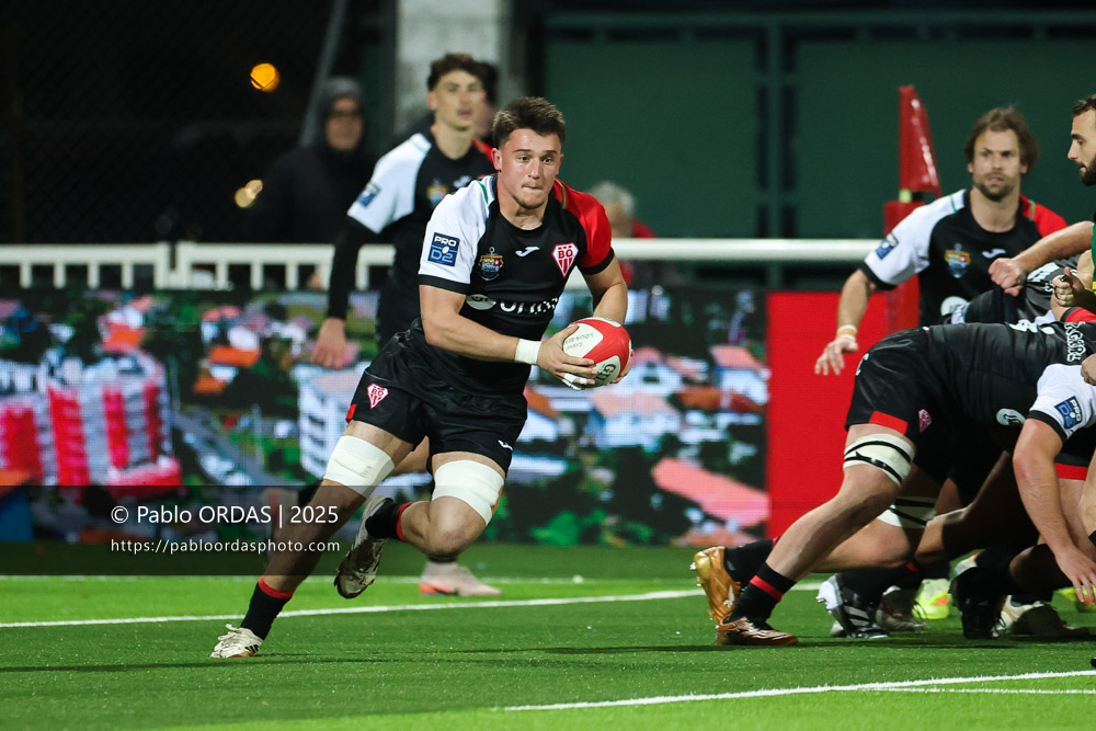 Andrea Sacco, lors du match de Pro D2 entre le Biarritz olympique et Oyonnax, le 19 décembre 2025 au stade Aguiléra de Biarritz, France (Photo Pablo ORDAS)