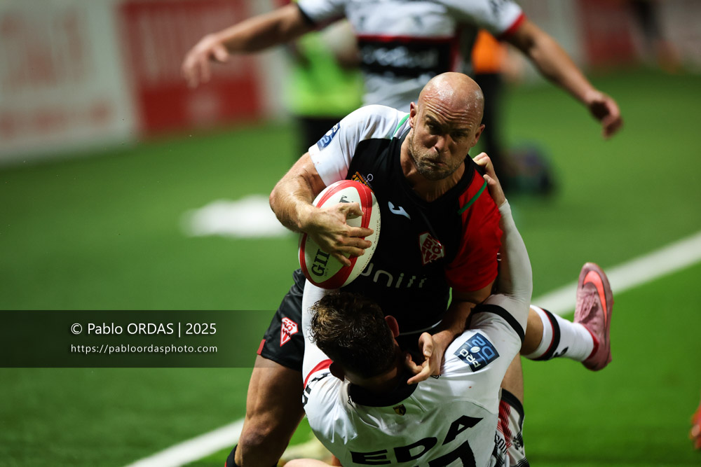 Mathieu Acebes, lors du match de Pro D2 entre le Biarritz olympique et Oyonnax, le 19 décembre 2025 au stade Aguiléra de Biarritz, France (Photo Pablo ORDAS)