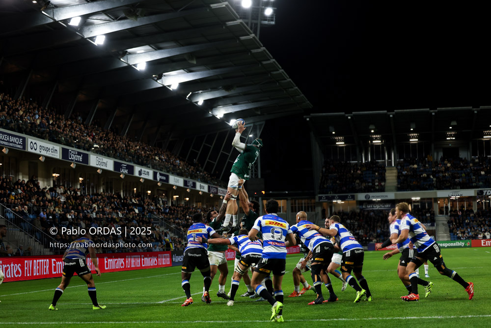 Arthur Iturria, lors du match de Champions Cup entre l'Aviron bayonnais et les Stormers, le 5 décembre 2025 au stade Jean Dauger de Bayonne, France (Photo Pablo ORDAS)
