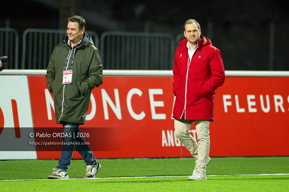 Frédéric Boitier, Cyril Arrosteguy, lors du match de Pro D2 entre le Biarritz olympique et Soyaux Angoulême, le 16 janvier 2026 au stade Aguiléra de Biarritz, France (Photo Pablo ORDAS)
