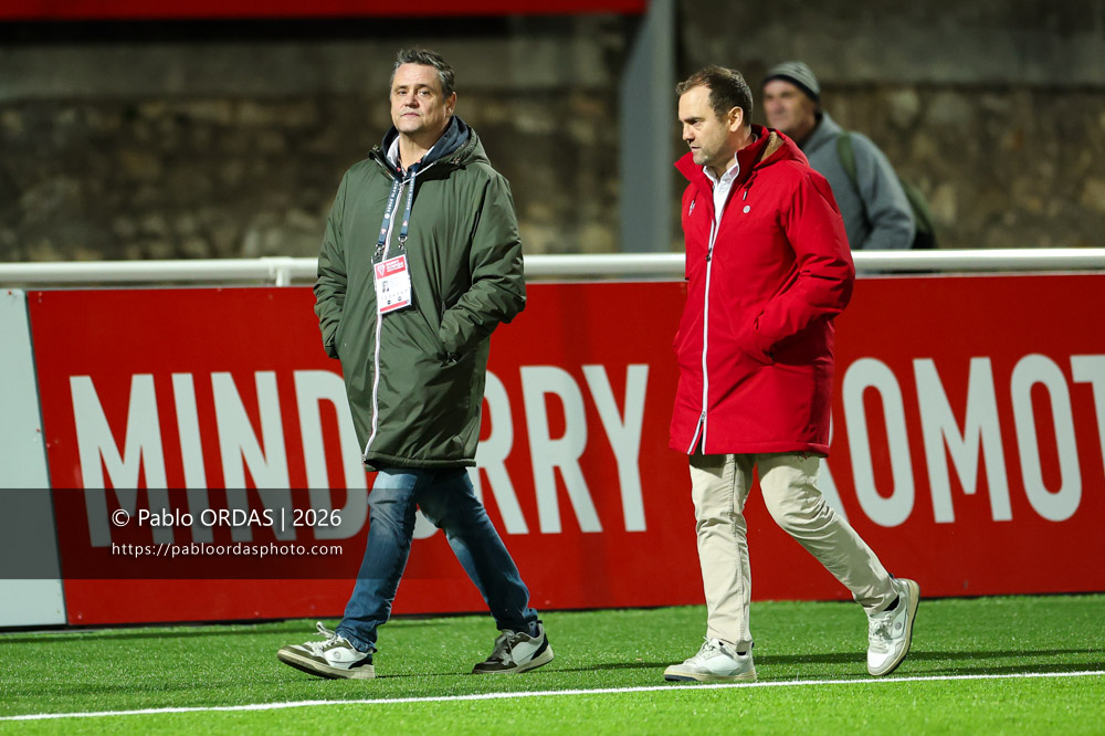Frédéric Boitier, Cyril Arrosteguy, lors du match de Pro D2 entre le Biarritz olympique et Soyaux Angoulême, le 16 janvier 2026 au stade Aguiléra de Biarritz, France (Photo Pablo ORDAS)