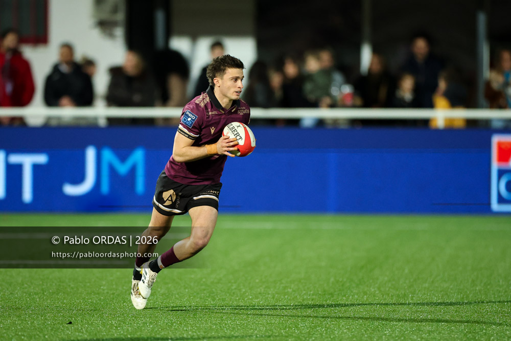 Jules Dubecq, lors du match de Pro D2 entre le Biarritz olympique et Soyaux Angoulême, le 16 janvier 2026 au stade Aguiléra de Biarritz, France (Photo Pablo ORDAS)