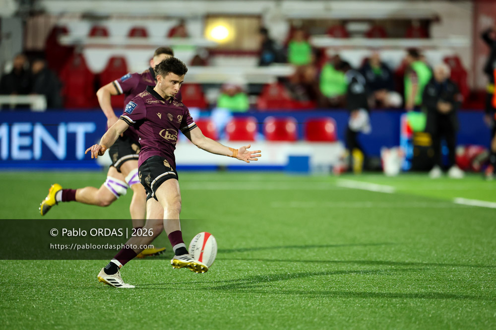 Jules Dubecq, lors du match de Pro D2 entre le Biarritz olympique et Soyaux Angoulême, le 16 janvier 2026 au stade Aguiléra de Biarritz, France (Photo Pablo ORDAS)