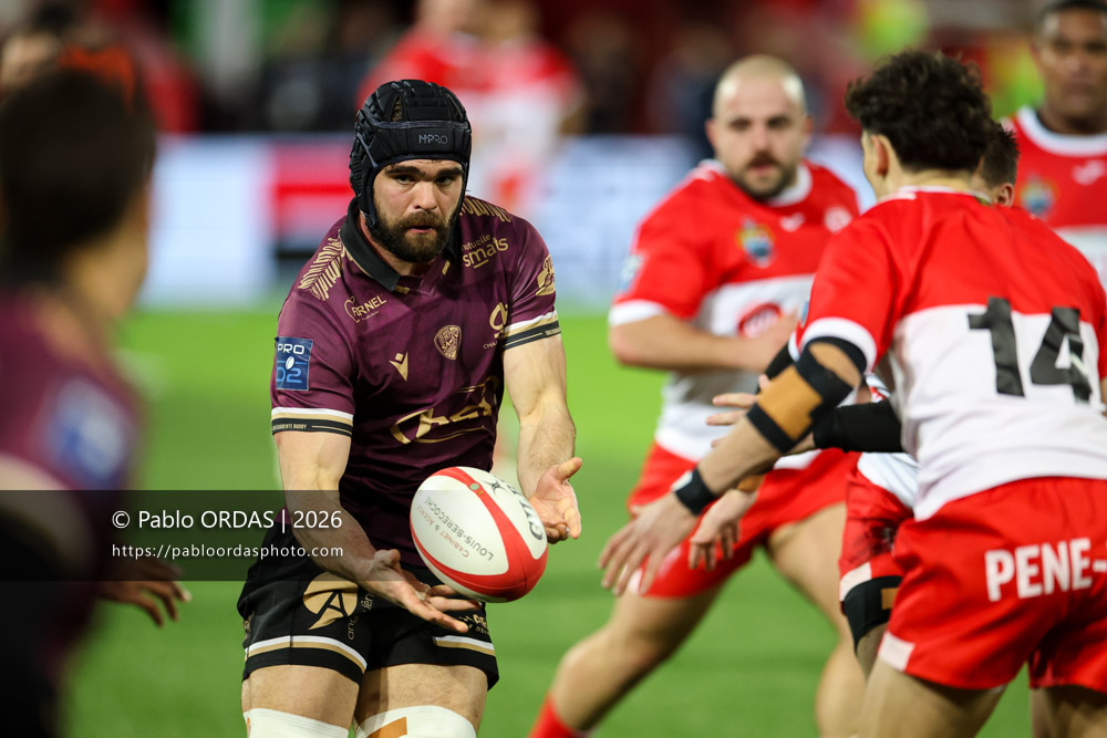 Germain Burgaud, lors du match de Pro D2 entre le Biarritz olympique et Soyaux Angoulême, le 16 janvier 2026 au stade Aguiléra de Biarritz, France (Photo Pablo ORDAS)