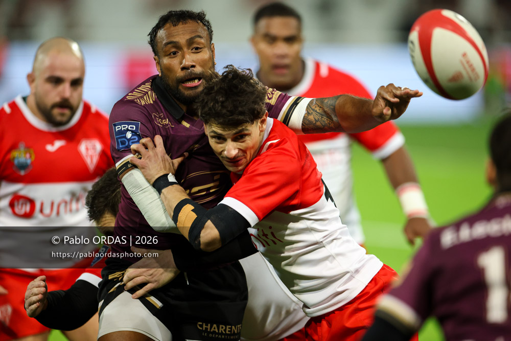 Ledua Mau, lors du match de Pro D2 entre le Biarritz olympique et Soyaux Angoulême, le 16 janvier 2026 au stade Aguiléra de Biarritz, France (Photo Pablo ORDAS)