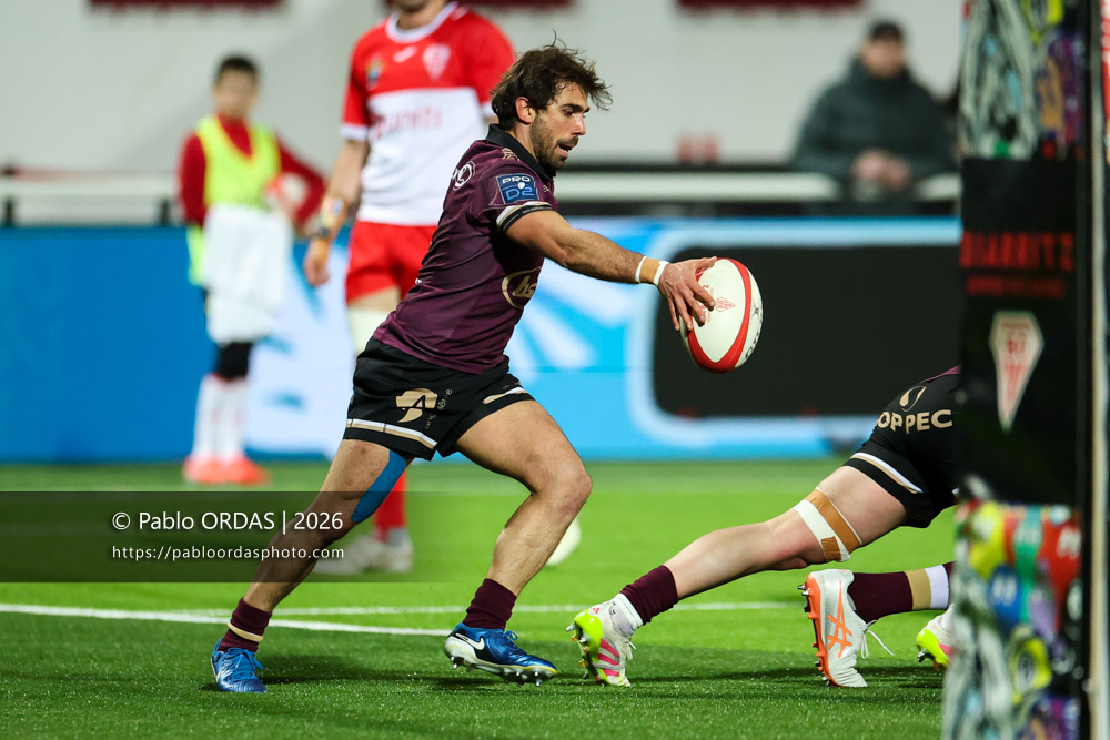 Adrien Bau, lors du match de Pro D2 entre le Biarritz olympique et Soyaux Angoulême, le 16 janvier 2026 au stade Aguiléra de Biarritz, France (Photo Pablo ORDAS)