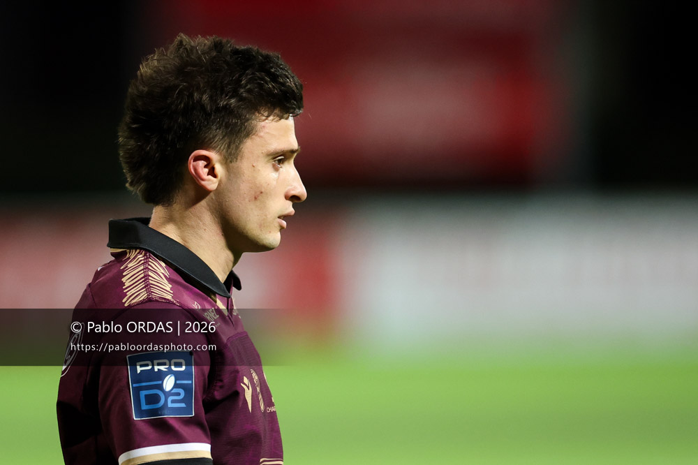 Jules Dubecq, lors du match de Pro D2 entre le Biarritz olympique et Soyaux Angoulême, le 16 janvier 2026 au stade Aguiléra de Biarritz, France (Photo Pablo ORDAS)