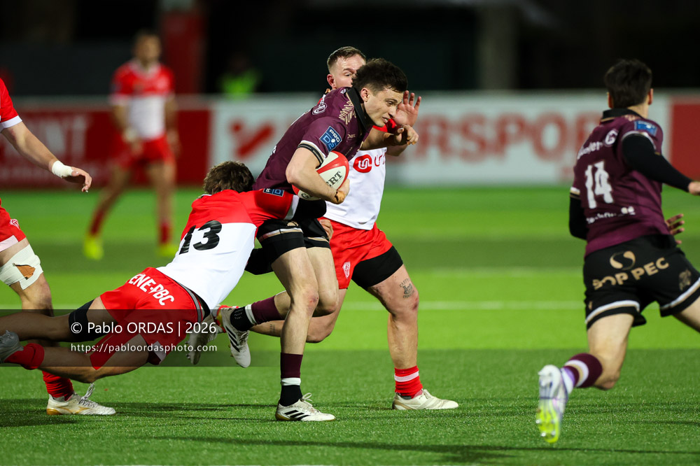 Jules Dubecq, lors du match de Pro D2 entre le Biarritz olympique et Soyaux Angoulême, le 16 janvier 2026 au stade Aguiléra de Biarritz, France (Photo Pablo ORDAS)