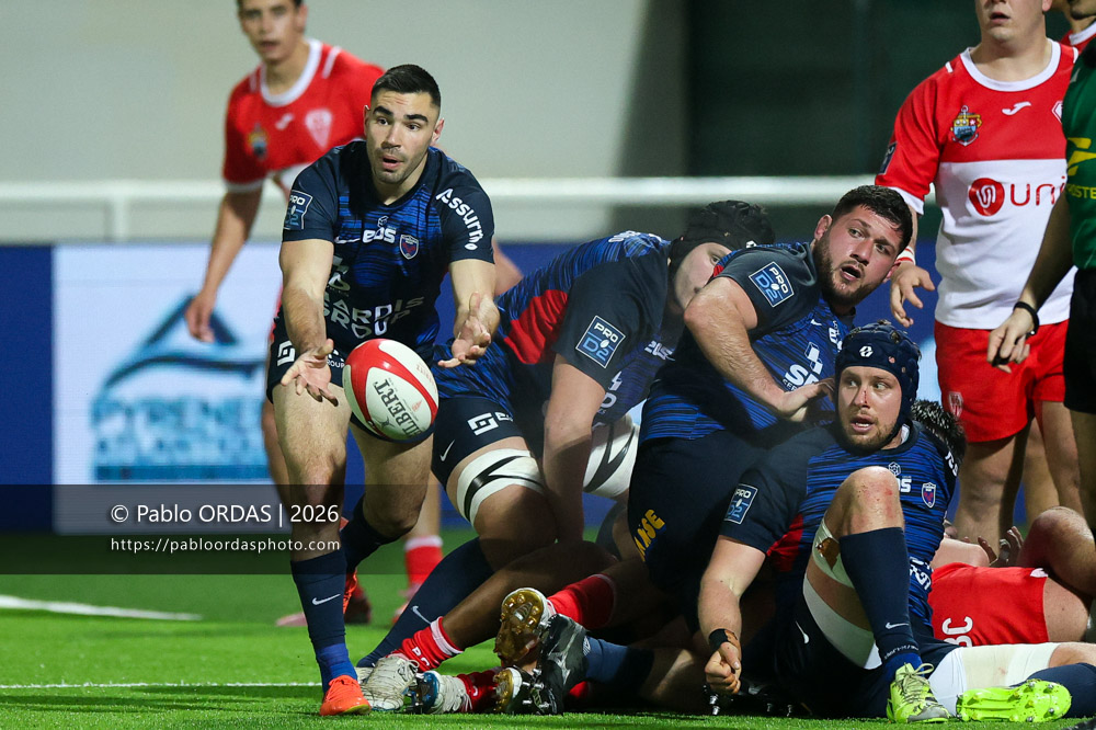 Barnabé Couilloud, lors du match de Pro D2 entre le Biarritz olympique et Grenoble, le 30 janvier 2026 au stade Aguiléra de Biarritz, France (Photo Pablo ORDAS)
