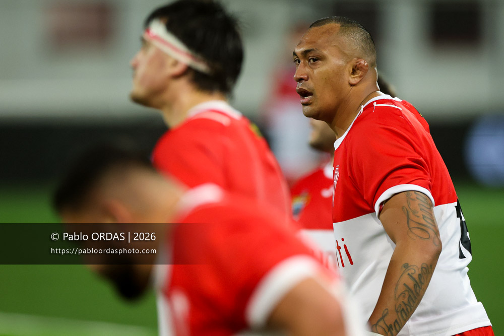 Piula Fa'asalele, lors du match de Pro D2 entre le Biarritz olympique et Grenoble, le 30 janvier 2026 au stade Aguiléra de Biarritz, France (Photo Pablo ORDAS)