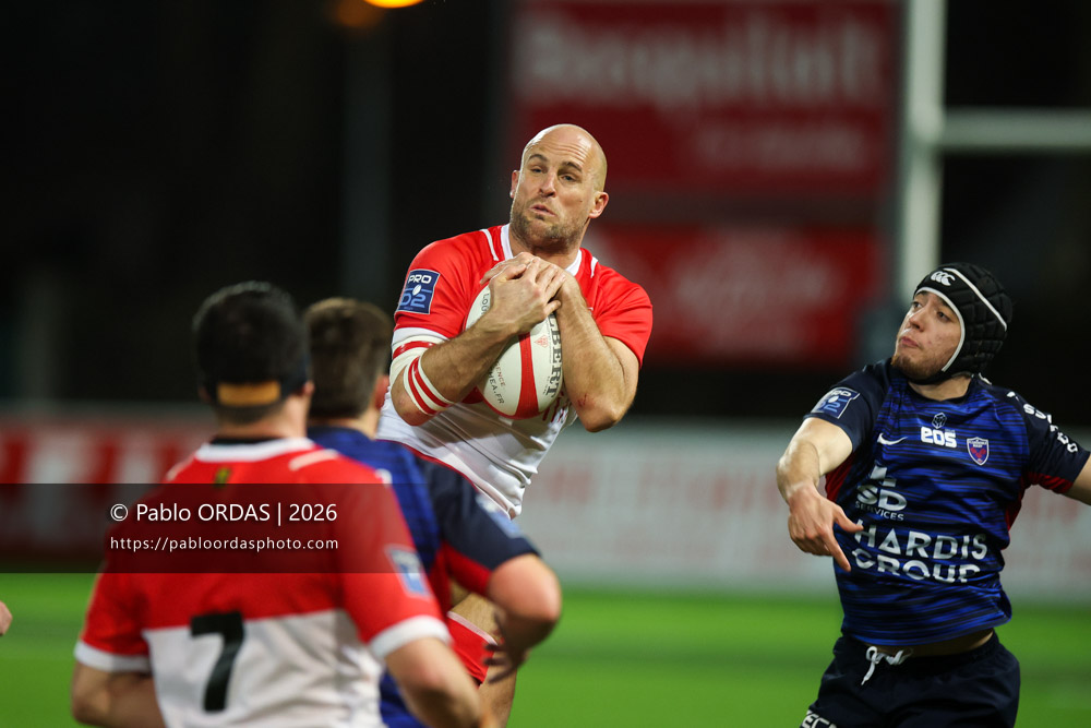 Mathieu Acebes, lors du match de Pro D2 entre le Biarritz olympique et Grenoble, le 30 janvier 2026 au stade Aguiléra de Biarritz, France (Photo Pablo ORDAS)