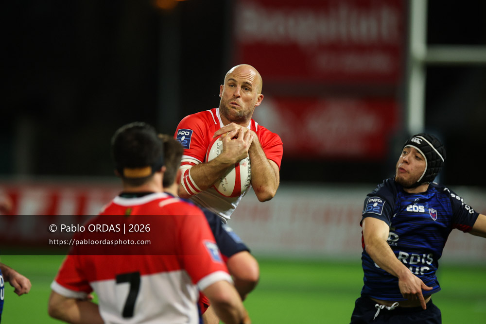 Mathieu Acebes, lors du match de Pro D2 entre le Biarritz olympique et Grenoble, le 30 janvier 2026 au stade Aguiléra de Biarritz, France (Photo Pablo ORDAS)