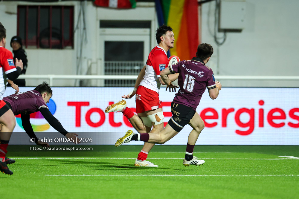 Andre Sacco, lors du match de Pro D2 entre le Biarritz olympique et Soyaux Angoulême, le 16 janvier 2026 au stade Aguiléra de Biarritz, France (Photo Pablo ORDAS)