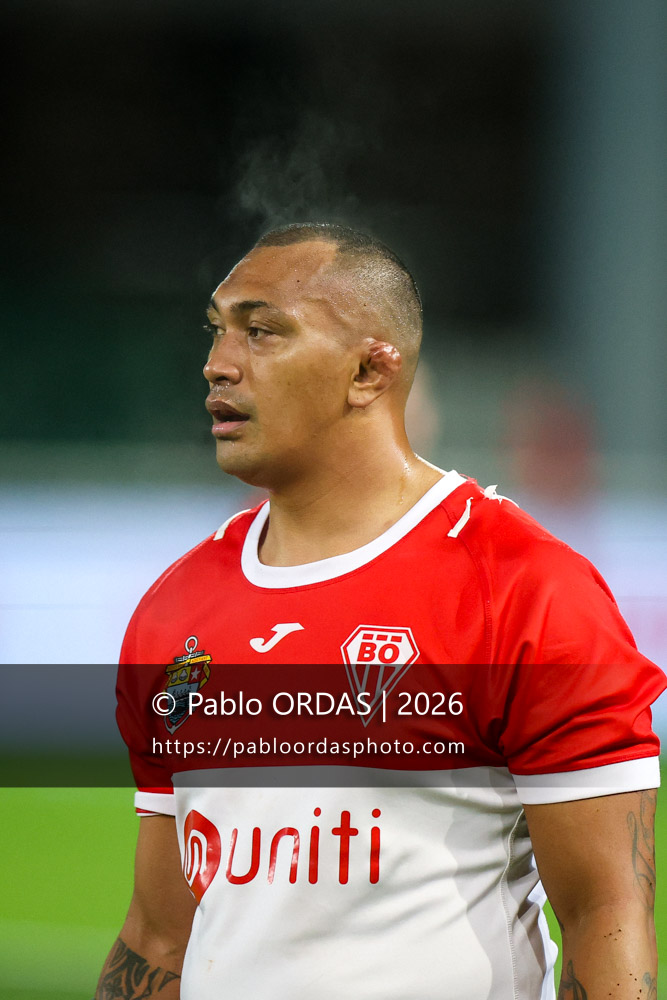 Piula Fa'asalele, lors du match de Pro D2 entre le Biarritz olympique et Grenoble, le 30 janvier 2026 au stade Aguiléra de Biarritz, France (Photo Pablo ORDAS)